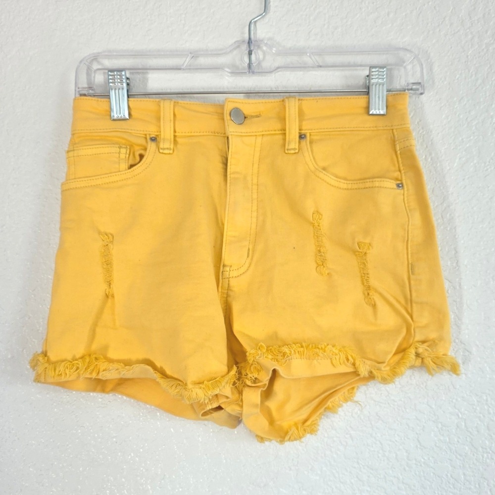 Angel Kiss Denim Collection Yellow Distressed Frayed Hem Jean Shorts Size 7 28